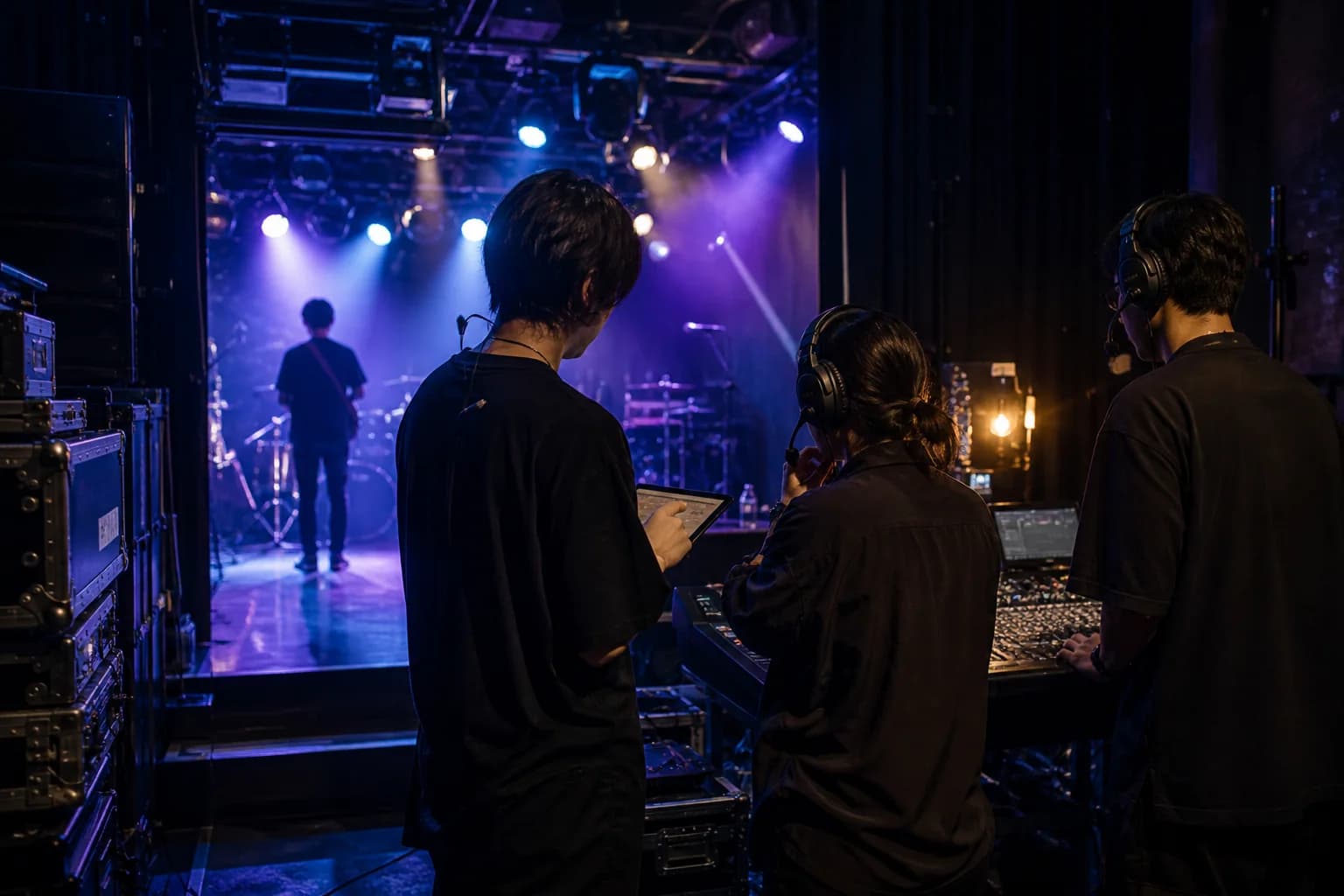 開演前のライブハウスで、ステージを見ながら連携する制作・音響スタッフ